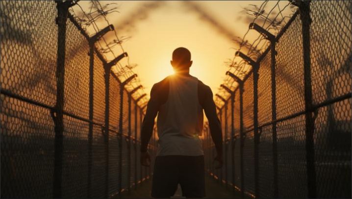 A man walking toward a sunrise between two prison fences
